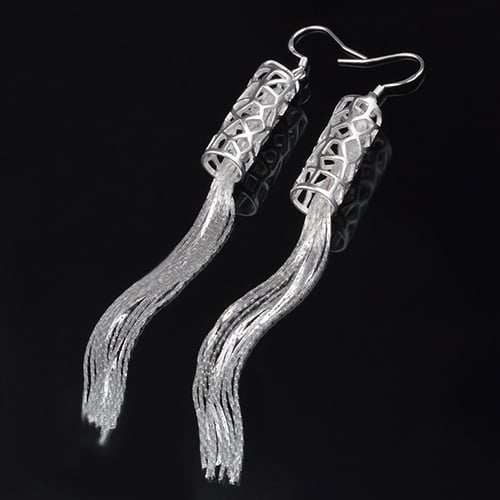 Women Fashion Silver Plated Long Chain Tassel Hook Dangle Linear Earrings Gift Image 1