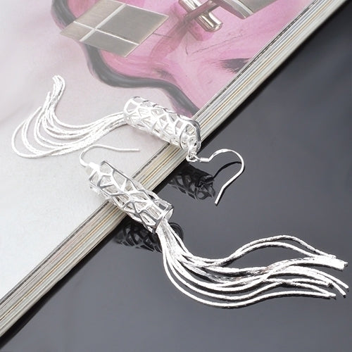 Women Fashion Silver Plated Long Chain Tassel Hook Dangle Linear Earrings Gift Image 2