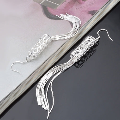 Women Fashion Silver Plated Long Chain Tassel Hook Dangle Linear Earrings Gift Image 4