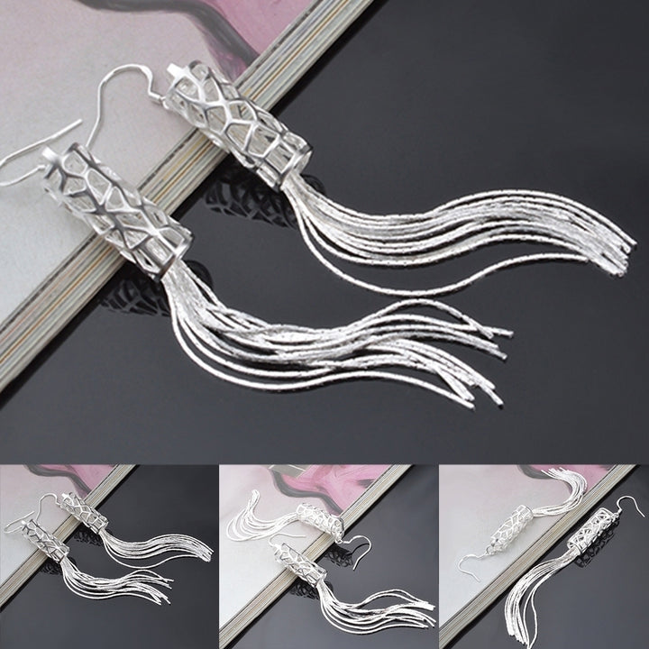 Women Fashion Silver Plated Long Chain Tassel Hook Dangle Linear Earrings Gift Image 6