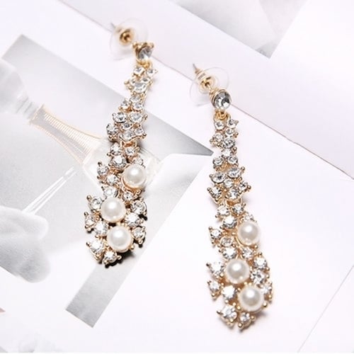 Elegant Fashion Women Pearl Rhinestone Dangle Chandelier Drop Earrings Jewelry Image 2