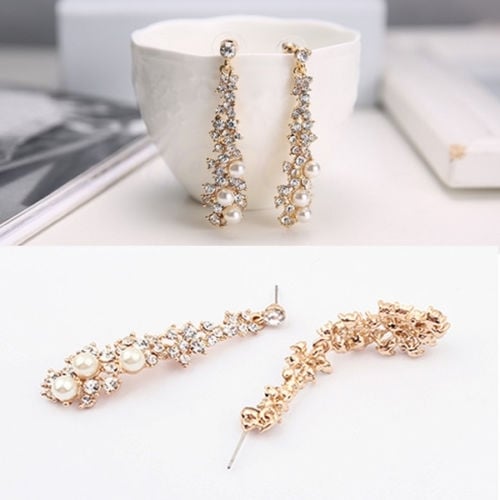 Elegant Fashion Women Pearl Rhinestone Dangle Chandelier Drop Earrings Jewelry Image 3