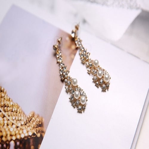 Elegant Fashion Women Pearl Rhinestone Dangle Chandelier Drop Earrings Jewelry Image 4