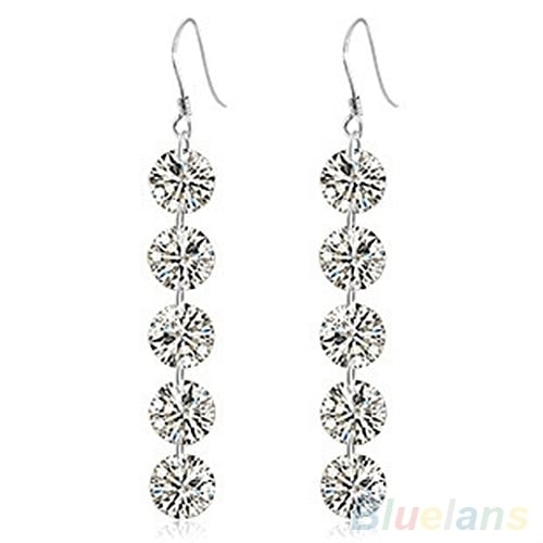 Women Bridal Elegant 5 Rhinestones Long Dangle Tassels Hook Earrings Jewelry Image 1