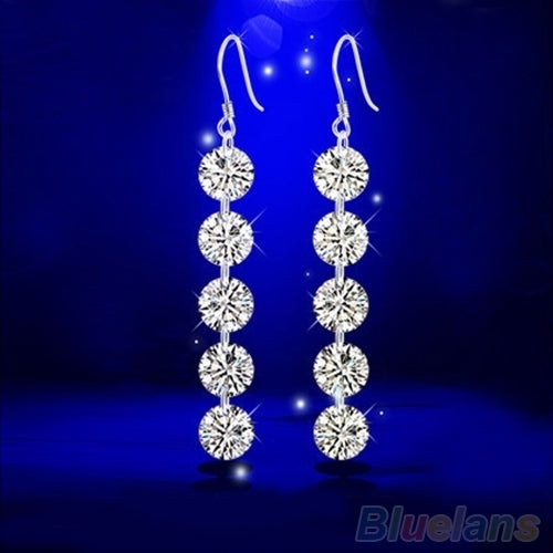 Women Bridal Elegant 5 Rhinestones Long Dangle Tassels Hook Earrings Jewelry Image 2