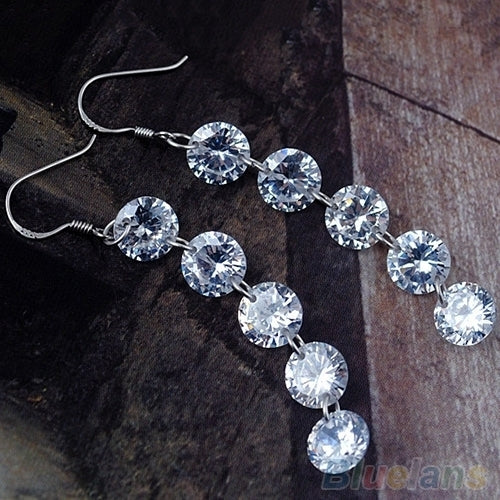 Women Bridal Elegant 5 Rhinestones Long Dangle Tassels Hook Earrings Jewelry Image 3