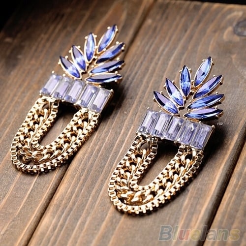 Womens Fashion Rhinestone Round Link Golden Chain Tassels Dangle Earrings Studs Image 3