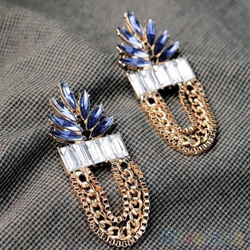 Womens Fashion Rhinestone Round Link Golden Chain Tassels Dangle Earrings Studs Image 4