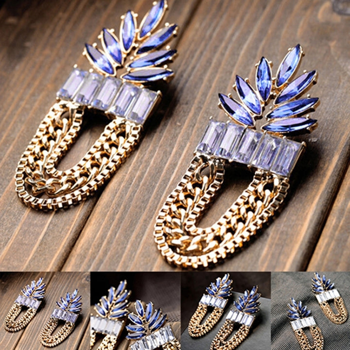 Womens Fashion Rhinestone Round Link Golden Chain Tassels Dangle Earrings Studs Image 4