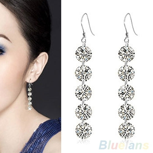 Women Bridal Elegant 5 Rhinestones Long Dangle Tassels Hook Earrings Jewelry Image 7