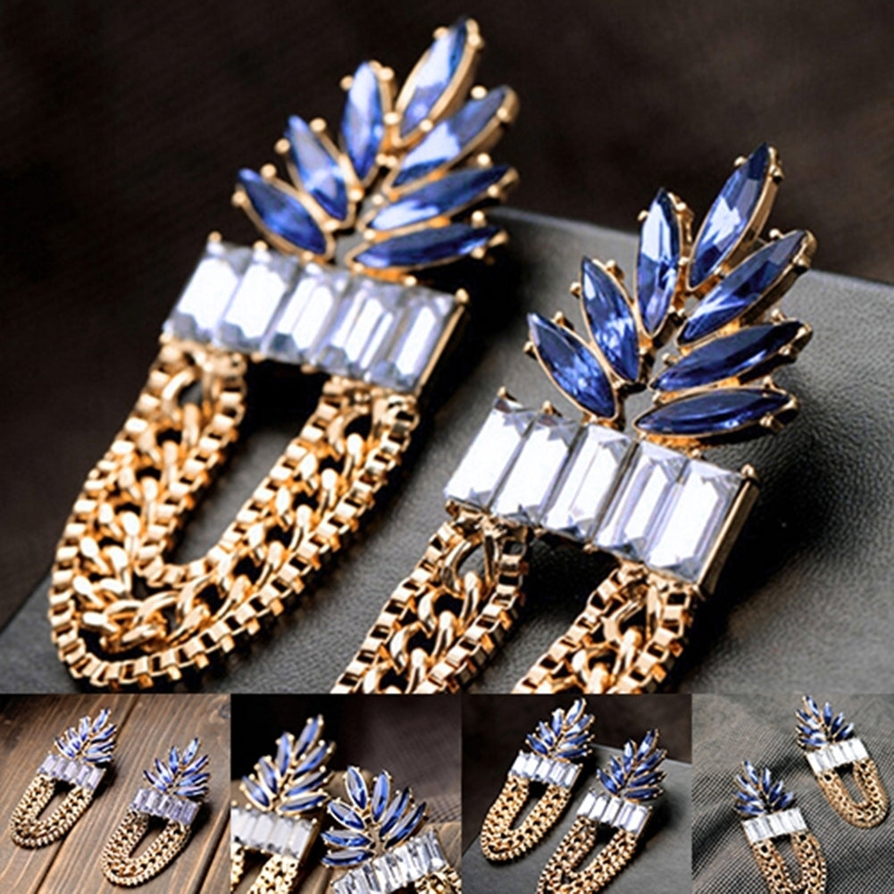 Womens Fashion Rhinestone Round Link Golden Chain Tassels Dangle Earrings Studs Image 6