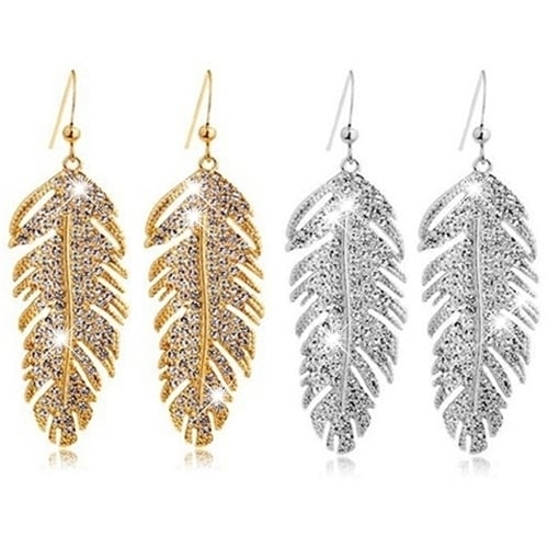 Womens Retro Boho Alloy Feather Rhinestone Eardrops Party Hook Dangle Earrings Image 1