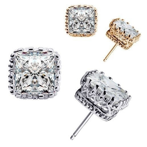 Women Wedding Cocktail Party Square Crown Hollow Cubic Zirconia Earrings Jewelry Image 1