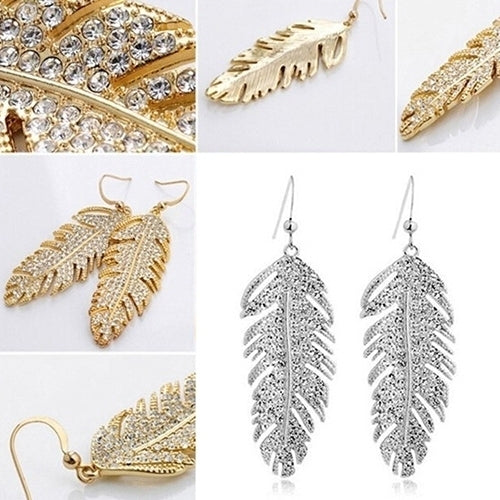 Womens Retro Boho Alloy Feather Rhinestone Eardrops Party Hook Dangle Earrings Image 4