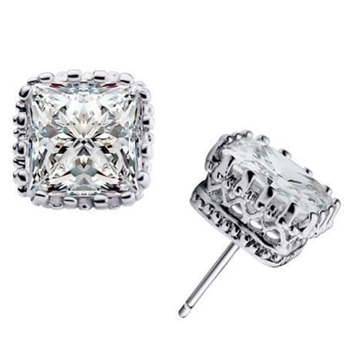 Women Wedding Cocktail Party Square Crown Hollow Cubic Zirconia Earrings Jewelry Image 3