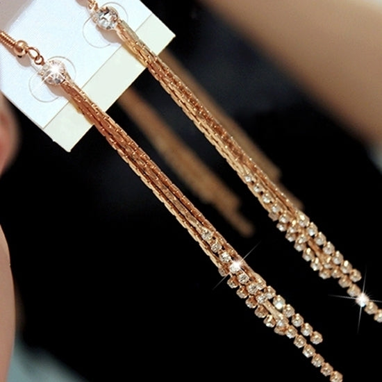 Women Bead Rhinestone Party Wedding Drop Chain Tassels Hook Linear Earrings Image 1