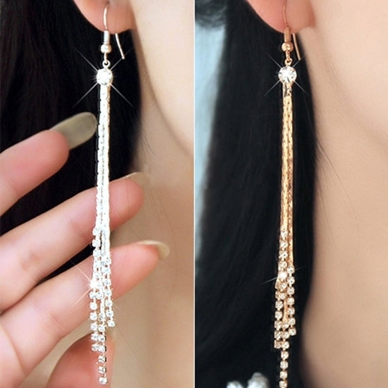 Women Bead Rhinestone Party Wedding Drop Chain Tassels Hook Linear Earrings Image 2