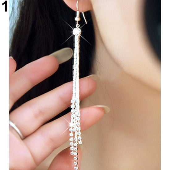 Women Bead Rhinestone Party Wedding Drop Chain Tassels Hook Linear Earrings Image 3