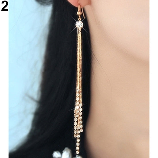 Women Bead Rhinestone Party Wedding Drop Chain Tassels Hook Linear Earrings Image 4