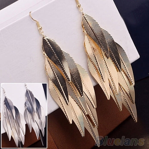 Womens Retro Baroque Style Layered Leaves Hook Drop Dangle Linear Earrings Image 1