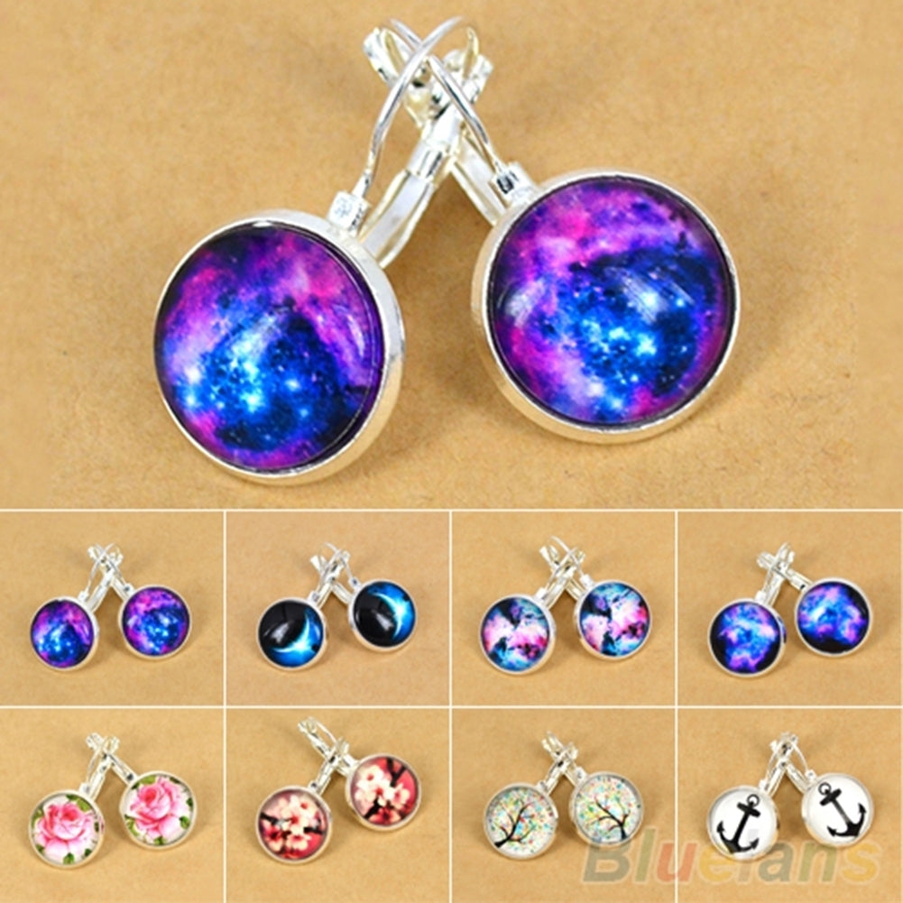 Womens Galaxy Space Glass Charm Silver Plated French Lever Back Drop Earrings Image 1