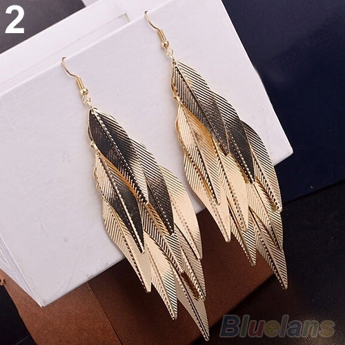 Womens Retro Baroque Style Layered Leaves Hook Drop Dangle Linear Earrings Image 3