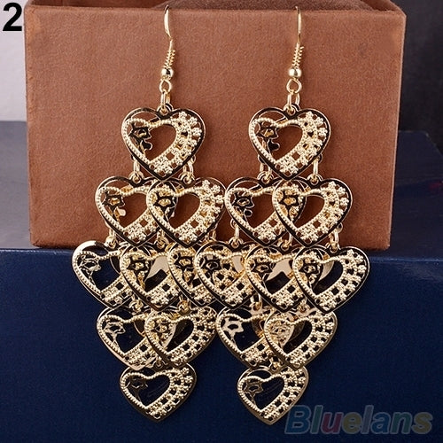 Womens Fashion Hollow Multilayer Sweet Heart Dangle Hook Long Earrings Jewelry Image 3