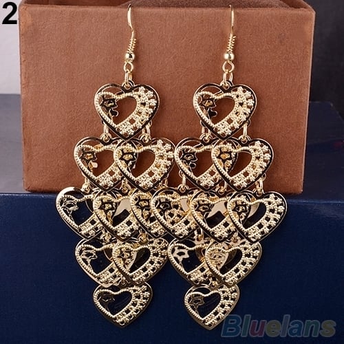 Womens Fashion Hollow Multilayer Sweet Heart Dangle Hook Long Earrings Jewelry Image 1