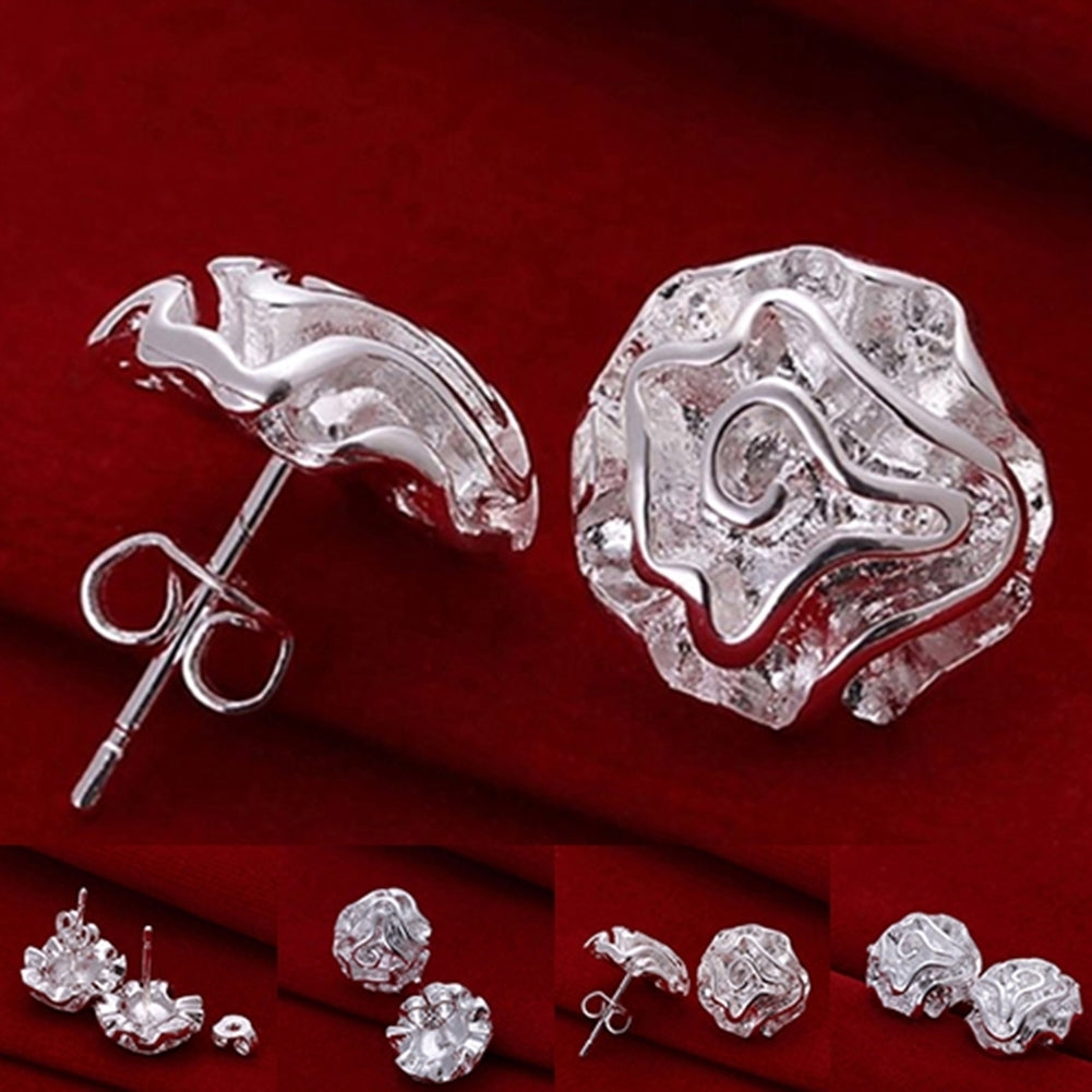 Fashion Women Silver Plated Rose Flower Studs Earrings Wedding Party Jewelry Image 4