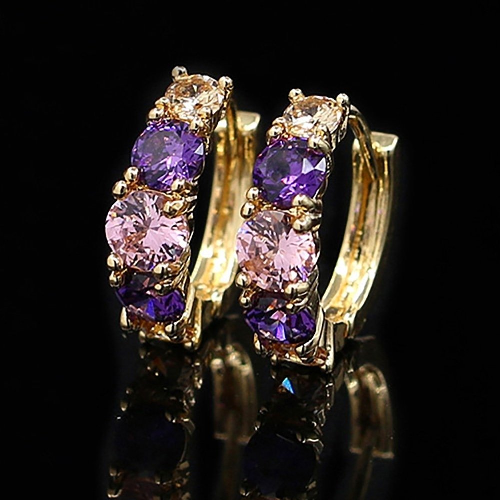 Women Fashion 9K Gold Plated Purple Zircon Eardrop Huggie Earrings Jewelry Gift Image 4