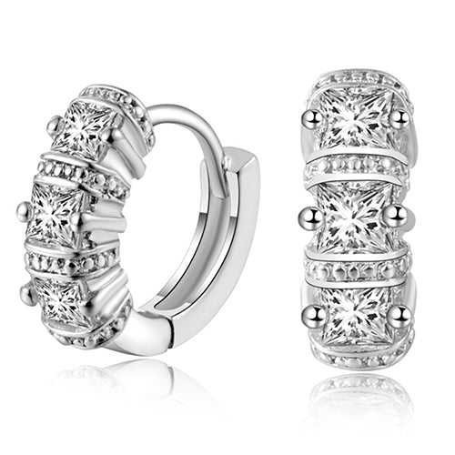 Womens Silver Plated Shiny Rhinestones Huggie Hoop Ear Stud Earrings Jewelry Image 1