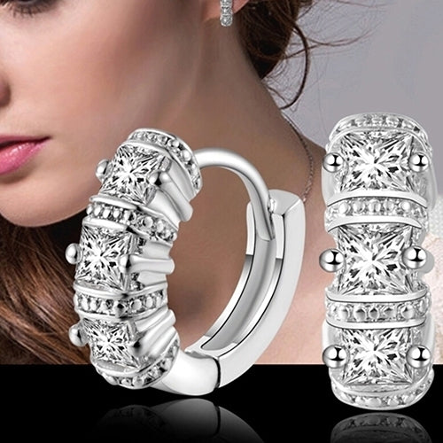 Womens Silver Plated Shiny Rhinestones Huggie Hoop Ear Stud Earrings Jewelry Image 2