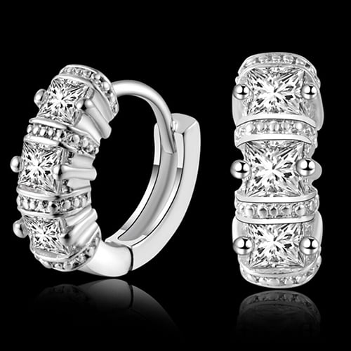 Womens Silver Plated Shiny Rhinestones Huggie Hoop Ear Stud Earrings Jewelry Image 3