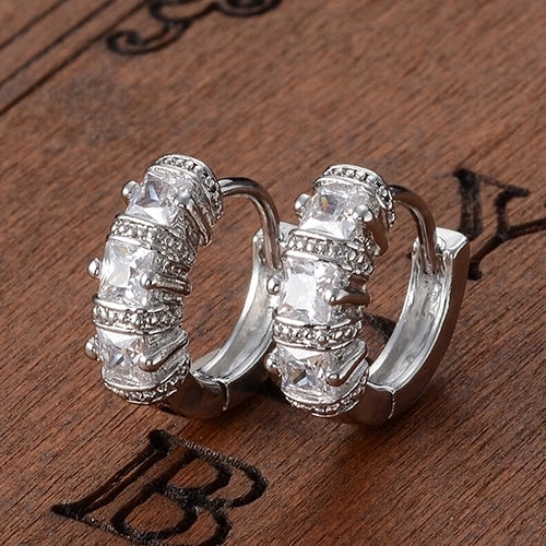 Womens Silver Plated Shiny Rhinestones Huggie Hoop Ear Stud Earrings Jewelry Image 4