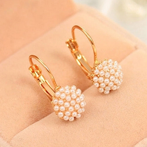 Women Faux Pearls Beads Golden Tone Alloy Huggie Earrings Eardrop Party Jewelry Image 1