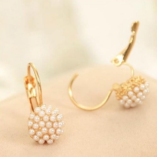 Women Faux Pearls Beads Golden Tone Alloy Huggie Earrings Eardrop Party Jewelry Image 2