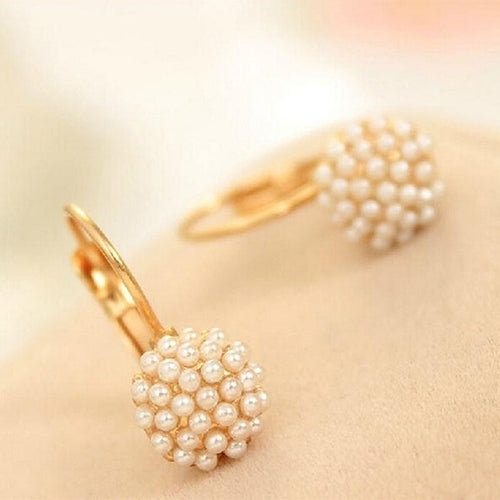 Women Faux Pearls Beads Golden Tone Alloy Huggie Earrings Eardrop Party Jewelry Image 3