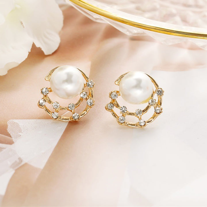 Fashion Women Rhinestone Faux Pearl Hollow Ear Stud Earrings Jewelry Image 2