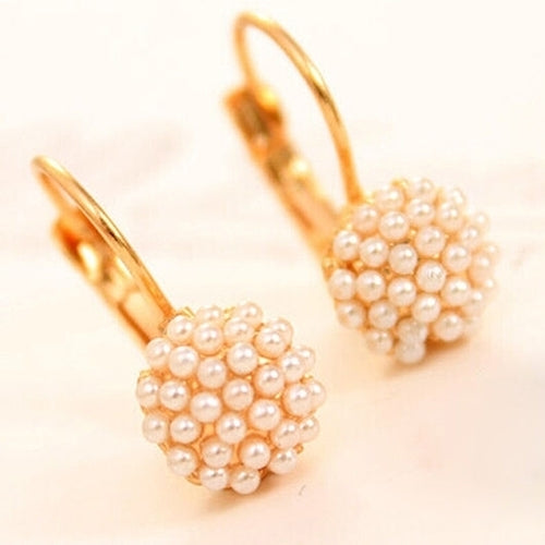 Women Faux Pearls Beads Golden Tone Alloy Huggie Earrings Eardrop Party Jewelry Image 4