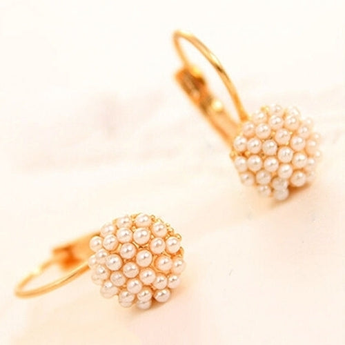 Women Faux Pearls Beads Golden Tone Alloy Huggie Earrings Eardrop Party Jewelry Image 4