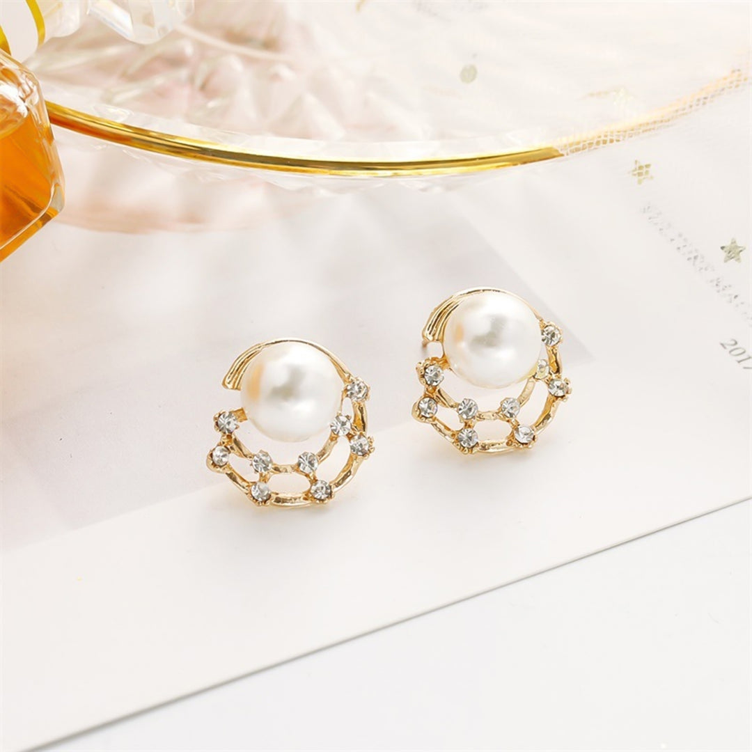 Fashion Women Rhinestone Faux Pearl Hollow Ear Stud Earrings Jewelry Image 3