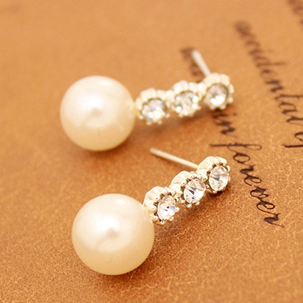 Womens White Faux Pearl Earrings Rhinestone Eardrop Ear Studs Bride Jewelry Image 4