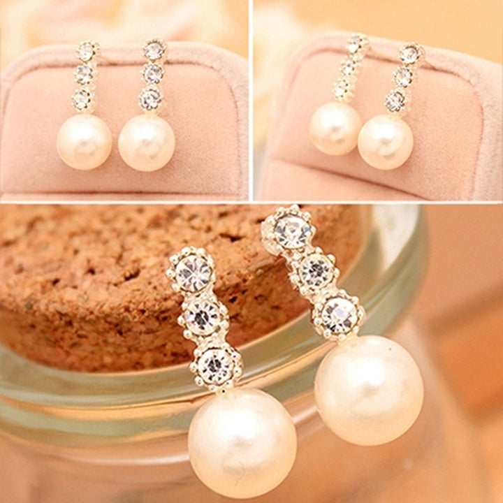 Womens White Faux Pearl Earrings Rhinestone Eardrop Ear Studs Bride Jewelry Image 6