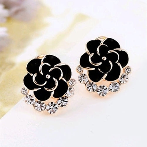 Women Peony Camellia Flower Rhinestones Alloy Ear Stud Earrings Party Jewelry Image 1