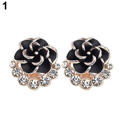 Women Peony Camellia Flower Rhinestones Alloy Ear Stud Earrings Party Jewelry Image 2