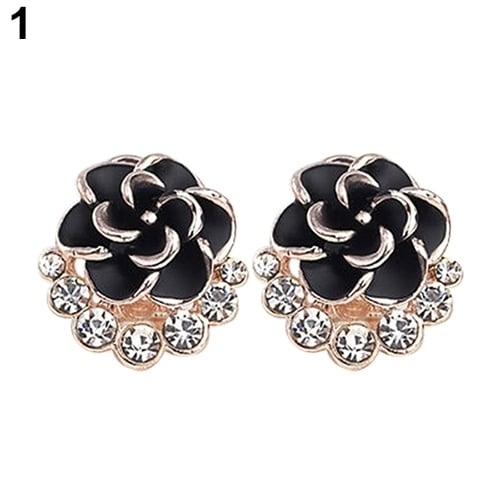 Women Peony Camellia Flower Rhinestones Alloy Ear Stud Earrings Party Jewelry Image 1