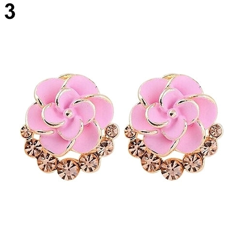 Women Peony Camellia Flower Rhinestones Alloy Ear Stud Earrings Party Jewelry Image 3