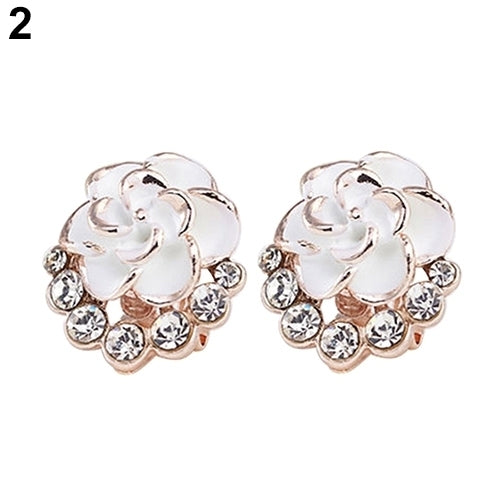 Women Peony Camellia Flower Rhinestones Alloy Ear Stud Earrings Party Jewelry Image 4