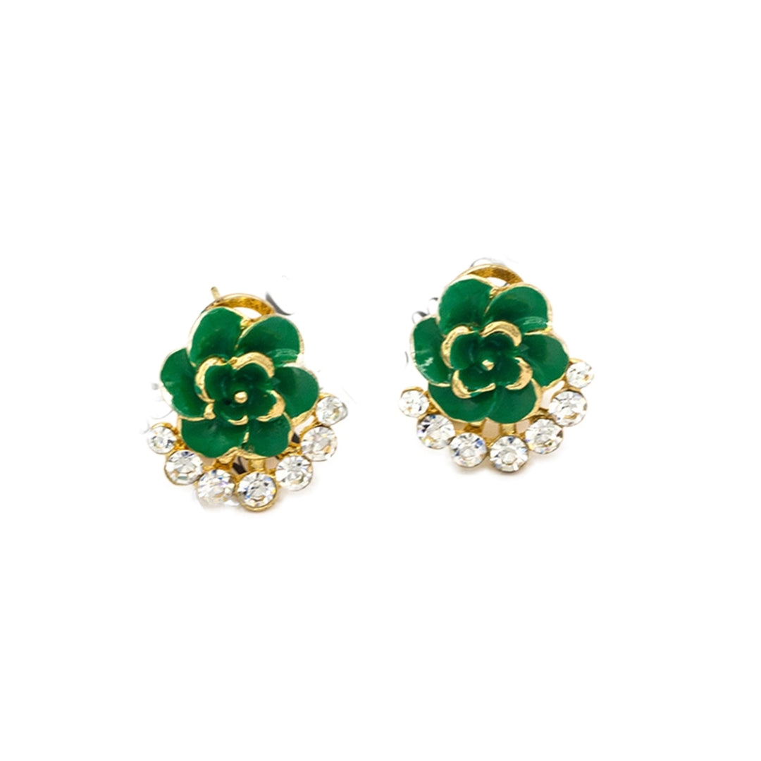 Women Peony Camellia Flower Rhinestones Alloy Ear Stud Earrings Party Jewelry Image 4