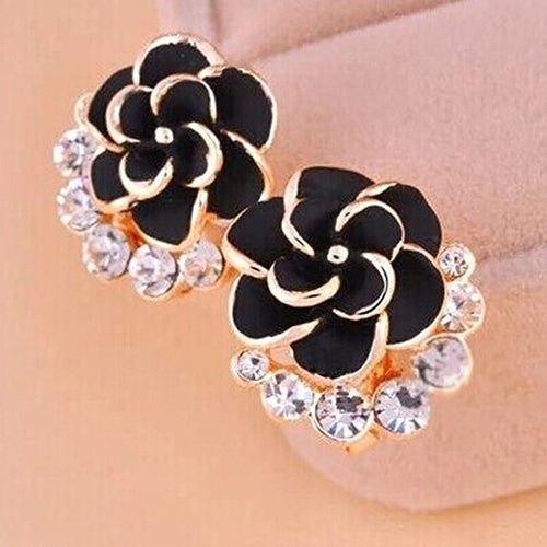 Women Peony Camellia Flower Rhinestones Alloy Ear Stud Earrings Party Jewelry Image 6